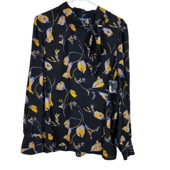 NWOT ModCloth Black Floral Neck Tie Blouse Size XL Romantic Core - Picture 1 of 10